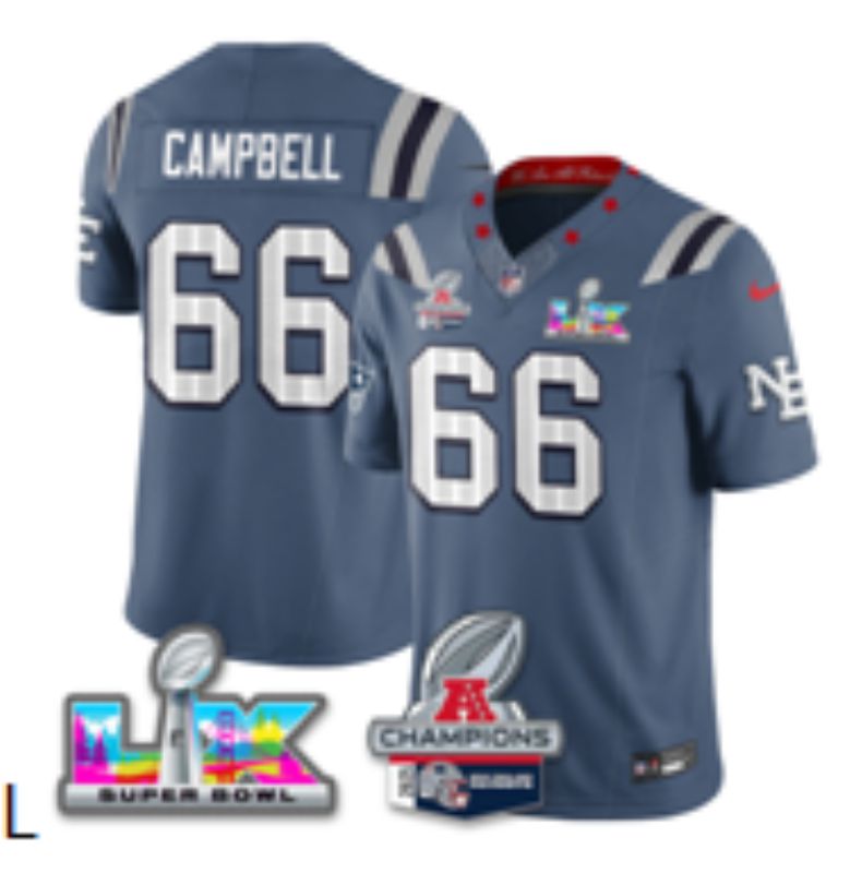 Men 2026 New England Patriots #66 Campbell Blue Super Bowl Nike Limited NFL Jersey style 02